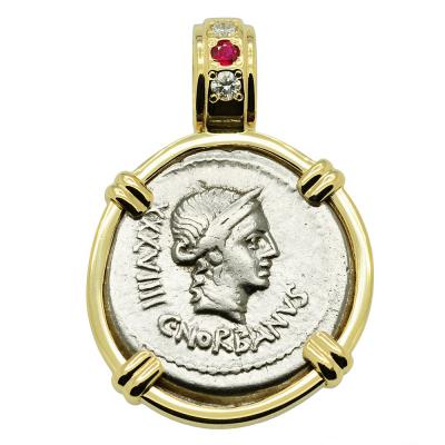 83 BC Venus coin in gold pendant with diamonds and ruby