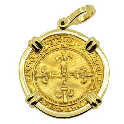 French Charles VIII ecu d'or au soleil coin in 18k gold pendant.