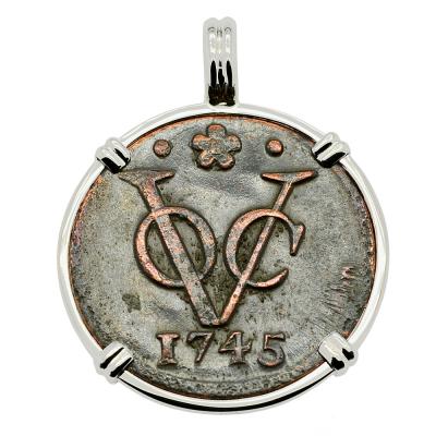 1745 Dutch VOC duit coin in white gold pendant