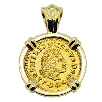 1744 Philip V Spanish 1/2 Escudo in gold pendant