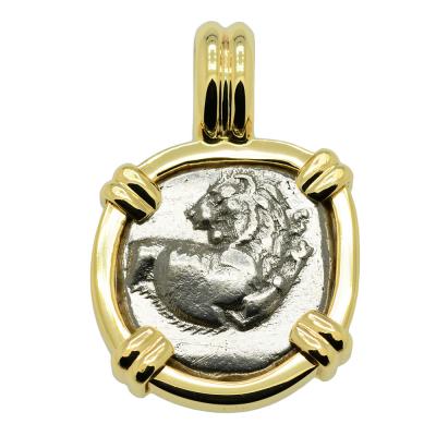 Greek lion hemidrachm coin in gold pendant