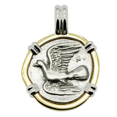 Ancient Dove coin in white and yellow gold pendant
