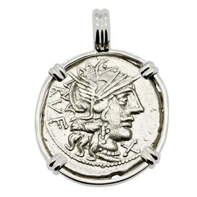 122 BC, Roma denarius coin in white gold pendant