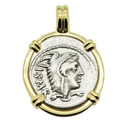 Roman 105 BC, Juno denarius in gold pendant