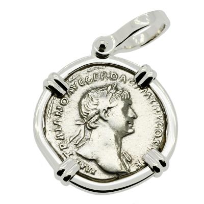Roman Trajan denarius coin in white gold pendant
