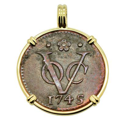 1745 Dutch VOC duit coin in gold pendant