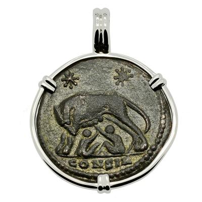 Roman She-Wolf Suckling Twins coin in white gold pendant