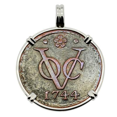 1744 Dutch VOC duit coin in gold pendant