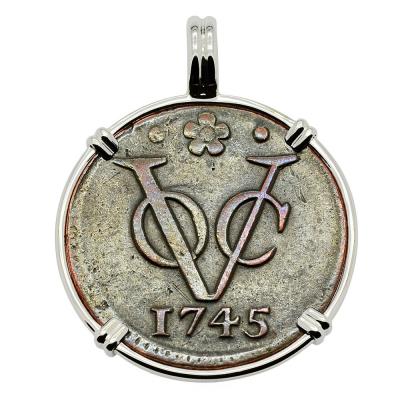 1745 Dutch VOC duit coin in gold pendant