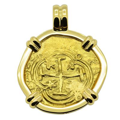 1642-1651, Spanish Bogota Doubloon in 18k gold pendant