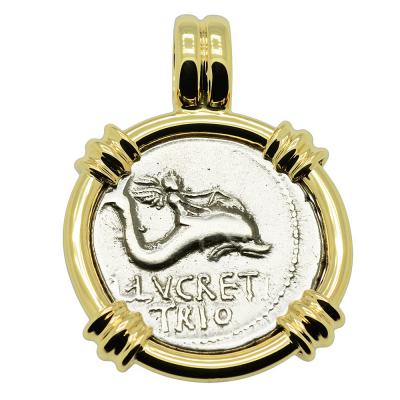 74 BC Genius riding Dolphin coin in gold pendant