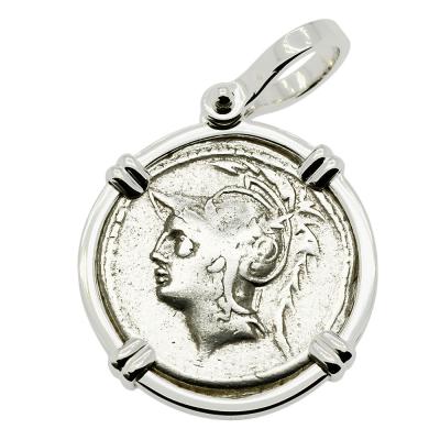 103 BC, Mars denarius coin in white gold pendant.