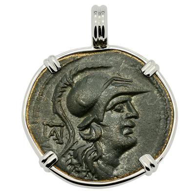 150 - 50 BC, Athena bronze coin in white gold pendant