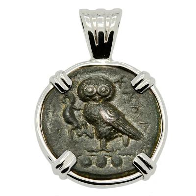 420-410 BC, Greek Owl tetras coin in white gold pendant