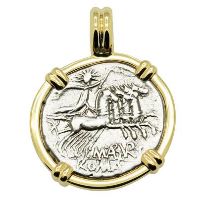 132 BC, Sol Chariot denarius coin in gold pendant
