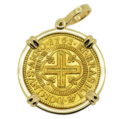 1761 Portuguese Brazil 4000 Reis coin in gold pendant