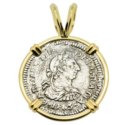 1783 El Cazador Shipwreck coin in gold pendant