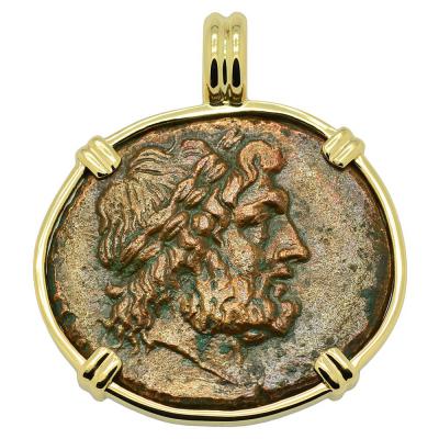214-210 BC Zeus bronze coin in gold pendant