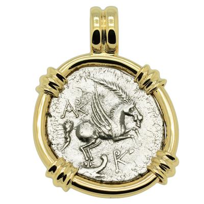 Pegasus with palm frond coin in gold pendant