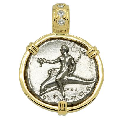 Dolphin Rider coin in gold pendant with diamonds