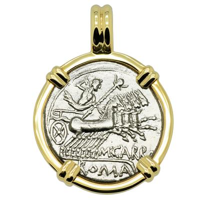 122 BC Jupiter chariot coin in gold pendant