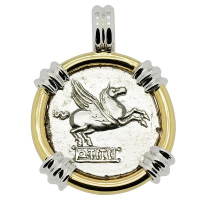 Pegasus coin in white and yellow gold pendant