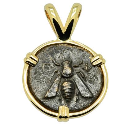 202-133 BC Ephesus Bee bronze coin in gold pendant