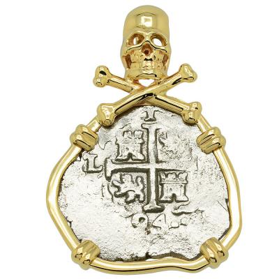 1694 Spanish coin in gold skull and bones pendant