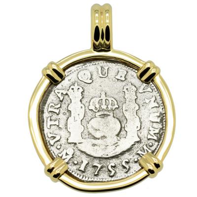 1755 El Cazador Shipwreck Pillar coin in gold pendant