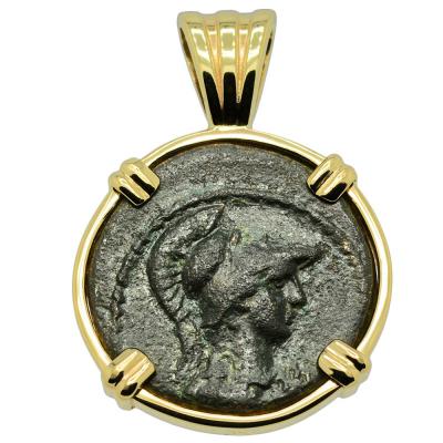 AD 100 - 200 Athena bronze coin in gold pendant