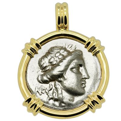 196-146 BC Apollo drachm coin in gold pendant