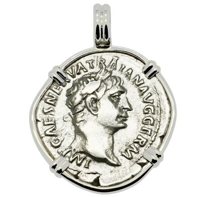 AD 100 Trajan denarius coin in white gold pendant