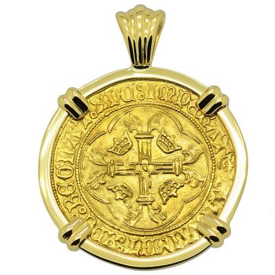 Louis XI Ecu d�or a la Couronne in 18k gold pendant