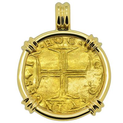 1557-1578, gold cruzado coin in 18k gold pendant