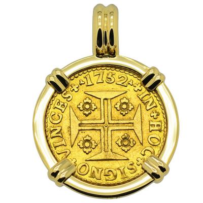 1752 Portuguese 1000 Reis in 18k gold pendant