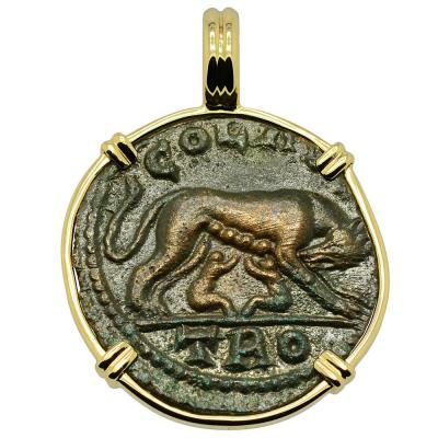 AD 250-268 She-Wolf Suckling Twins coin in gold pendant