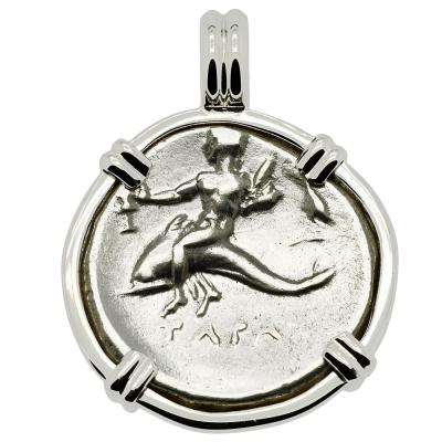 272-240 BC Boy on Dolphin coin in white gold pendant