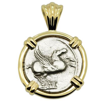 90 BC Pegasus denarius in gold pendant