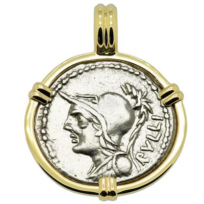 Roman 100 BC Minerva coin in gold pendant
