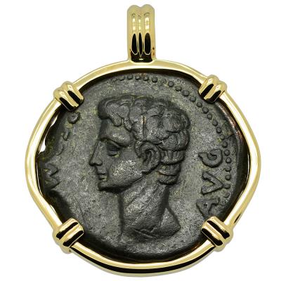 Emperor Caesar Augustus bronze coin in gold pendant