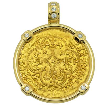 Charles VI coin in 18k gold pendant with diamonds