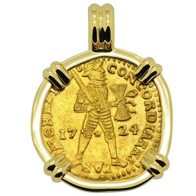 1724 Dutch Akerendam Shipwreck ducat in 18k gold pendant