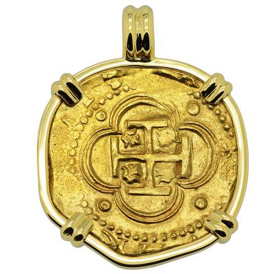 1566-1590 Spanish 4 escudos in 18k gold pendant