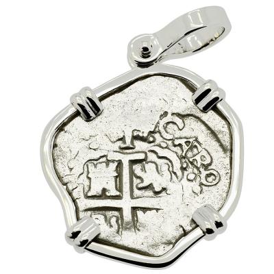 1696 Spanish 1 Real cob coin in white gold pendant