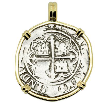 1571-1589 Spanish 2 reales coin in gold pendant