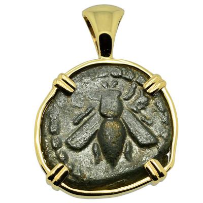 190-150 BC Ephesus Bee bronze coin in gold pendant