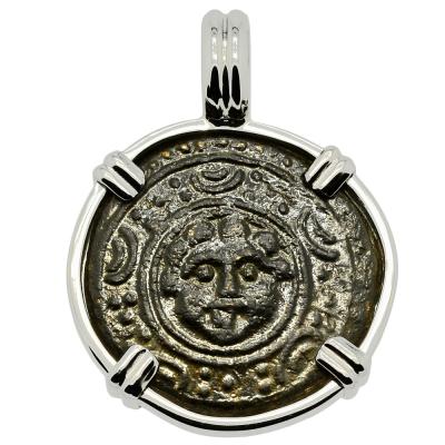 323-317 BC Gorgon Shield bronze coin in white gold pendant