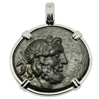188-133 BC Zeus bronze coin in white gold pendant