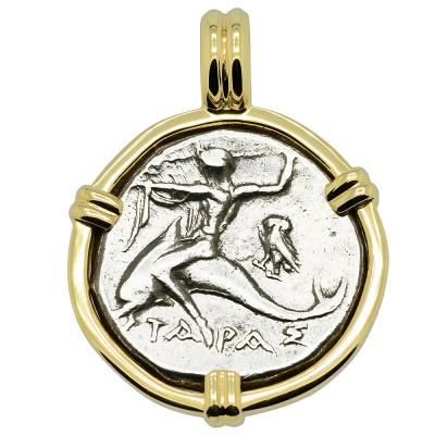 272-240 BC Boy on Dolphin coin in gold pendant