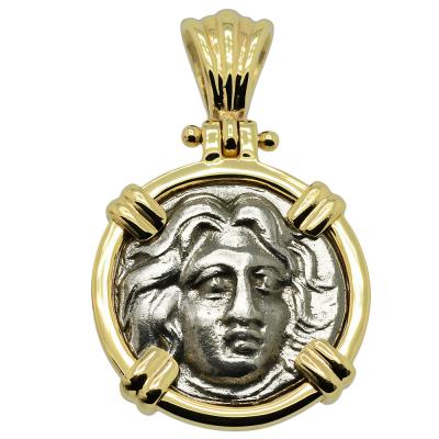 229-205 BC Sun God Helios coin in gold pendant